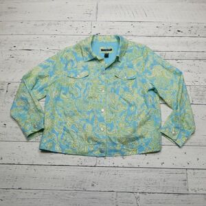 Saint Tropez West Linen Jacket Womens 1X Blue Green Paisley‎ Button Up Blazer